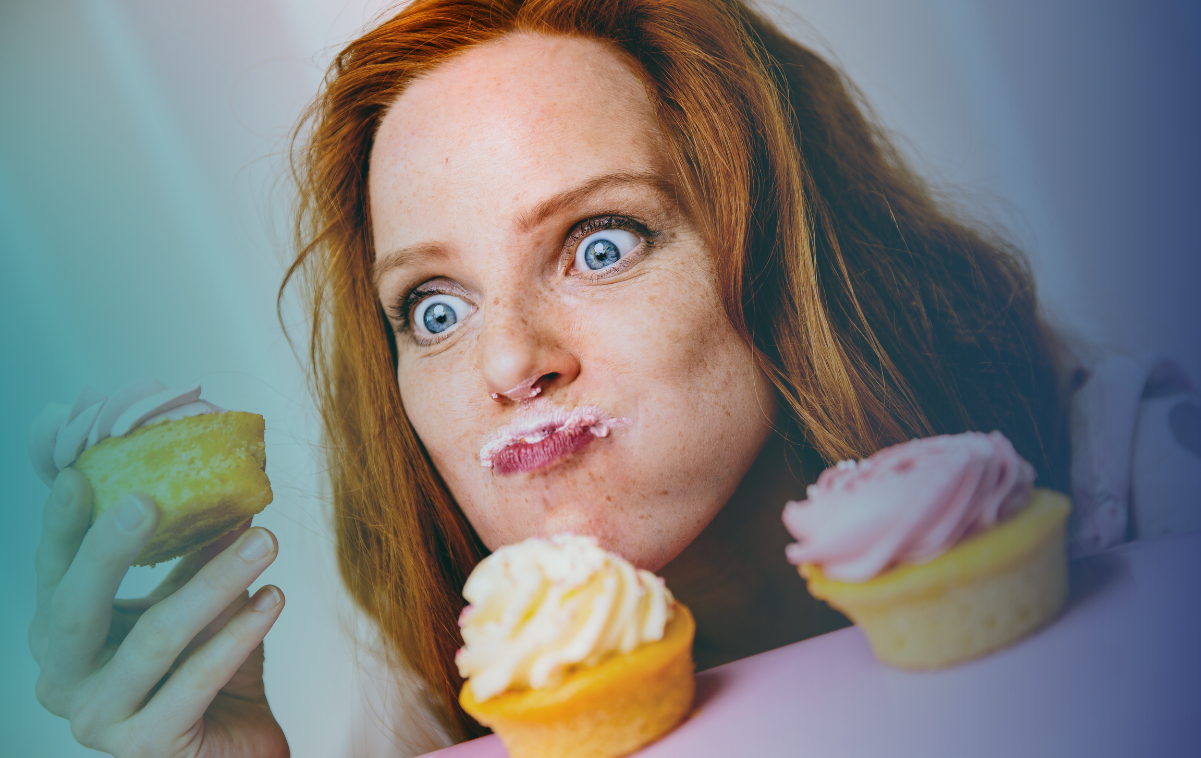 Imagem de uma pessoa comendo em excesso, representando a perda de controle e os sentimentos negativos associados à compulsão alimentar.